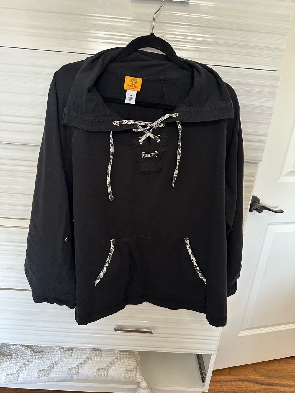 Black Pullover with Lace-Up Neck